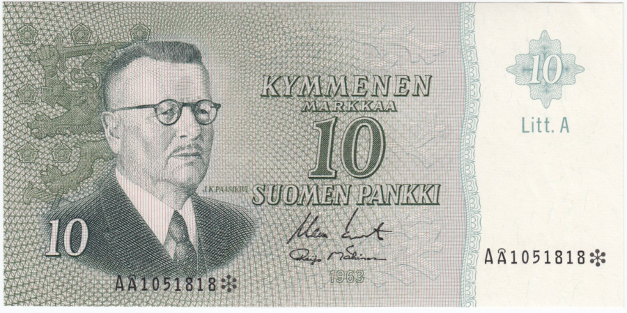 10 Markkaa 1963 Litt.A AÅ1051818* kl.9
